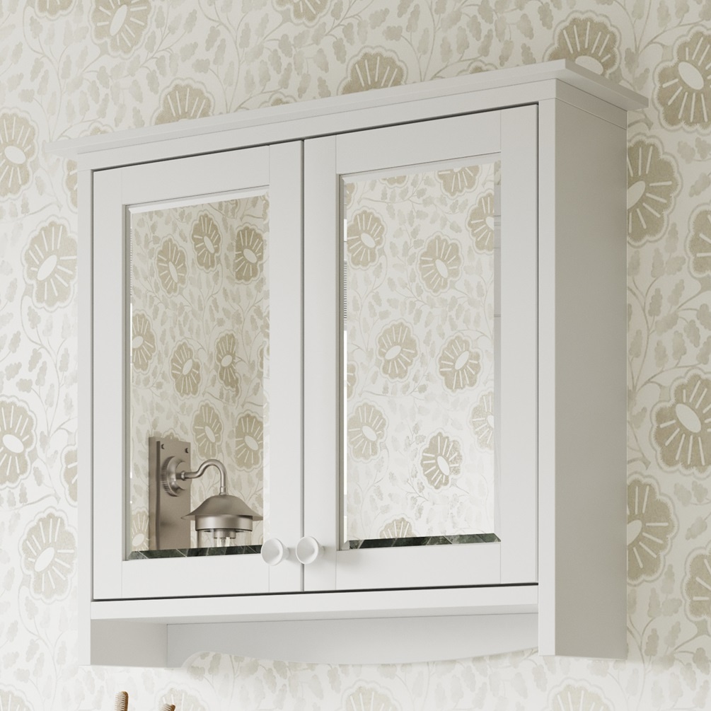 Product lifestyle image of Burlington Guild Varley White 650mm Wall Mounted Mirrored Bathroom Cabinet with creamy yellow floral wall paper GU6057VW_CAB